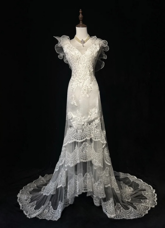 Elegant V-Neck Sheath Sleeveless Long Wedding Dresses Tulle Lace White Bridal Gowns ED04525