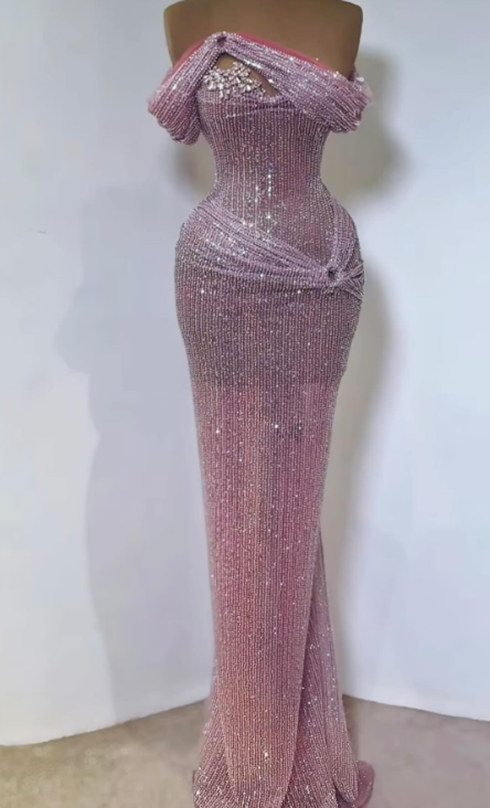 Glam Off-Shoulder Sheath Pink Long Prom Dresses, Beaded Slit Evening Dresses, Pink Formal Dresses ED04526