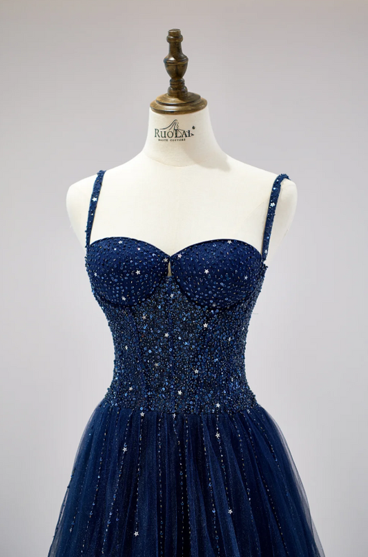 Chic Spaghetti Strap A-Line Dark Blue Long Prom Dresses Dark Blue Formal Dresses Tulle Sequin Birthday Evening Dresses ED04527