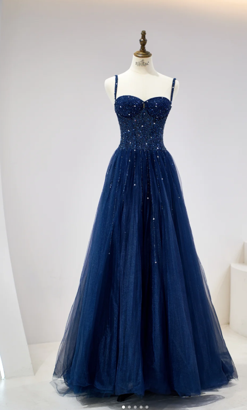 Chic Spaghetti Strap A-Line Dark Blue Long Prom Dresses Dark Blue Formal Dresses Tulle Sequin Birthday Evening Dresses ED04527