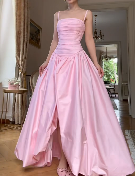 Chic Spaghetti Strap A-Line Pink Long Prom Dresses with Slit Satin Pink Formal Dresses ED04528