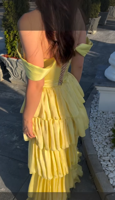 Elegant Sheath Long Prom Dresses Tiered Satin Yellow Formal Dresses Off-the-shoulder Party Dresses ED04529