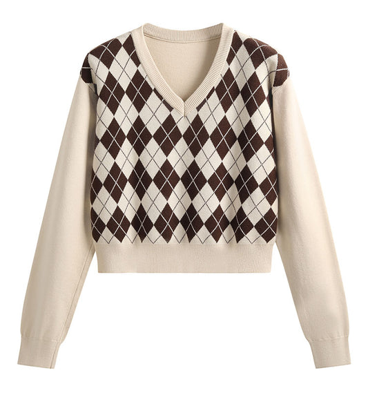 Amerikanischer Retro-Diamant-Langarm-Kurzpullover ED0452