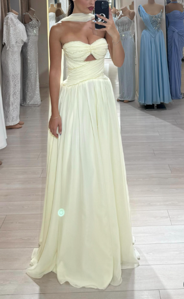 Glam Sweetheart Neck Sheath Pale Yellow Wedding Guest Dresses Chiffon Pale Yellow Evening Gowns ED04530