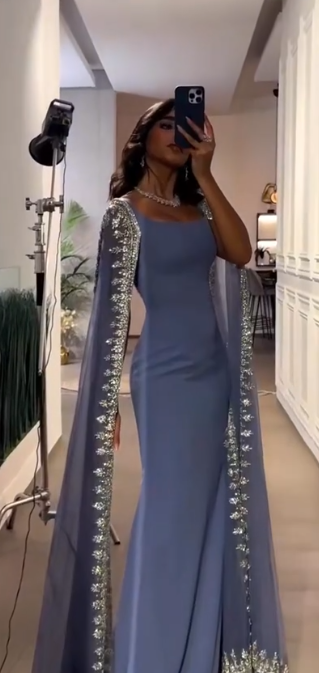 Elegant Bodycon  Wedding Guest Dresses Satin Long Sleeve Grey Blue Evening Gowns ED04531