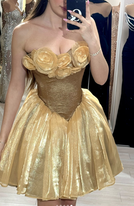 Chic Strapless A-line Short Prom Dresses Tulle Gold Homecoming Dresses ED04535
