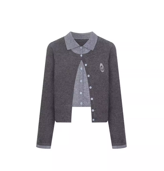 Gefälschte zweiteilige Langarm-Strickjacke im College-Stil mit POLO-Kragen ED0453