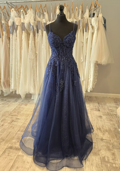 Fairy Spaghetti Strap A-Line Long Prom Dresses Beaded Tulle Navy Blue Evening Gowns ED04546