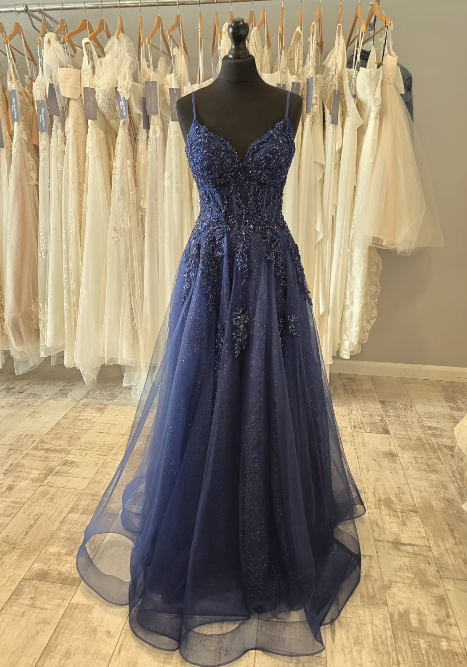 Fairy Spaghetti Strap A-Line Long Prom Dresses Beaded Tulle Navy Blue Evening Gowns ED04546