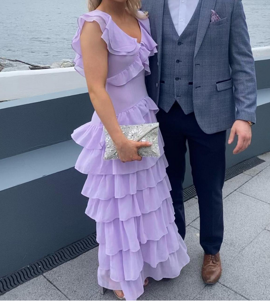 Elegant V-neck Sheath Long  Prom Dresses Chiffon Purple Wedding Guest Dresses ED04547