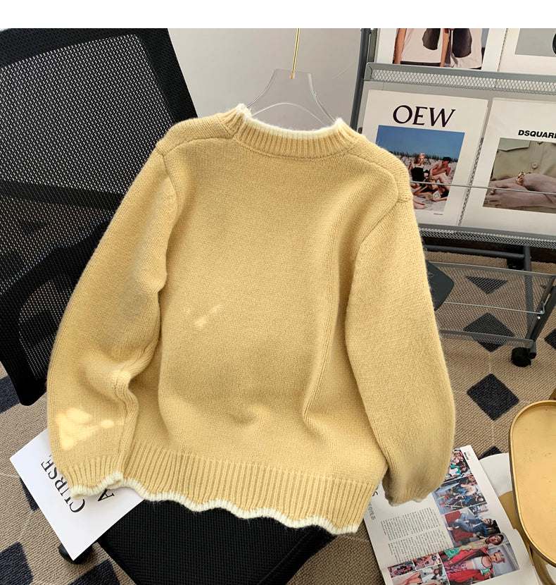 Korean style puppy embroidery round neck contrast color sweater  ED0455