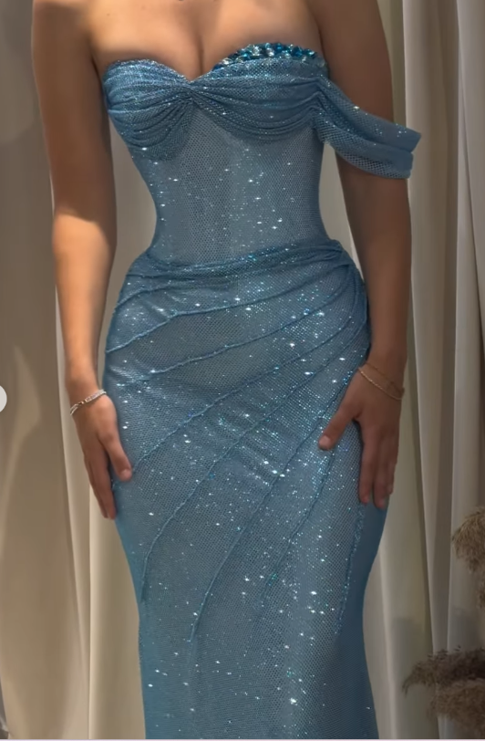 Sparkly Sweetheart Sheath Long Prom Dresses Mesh Blue Evening Dresses ED04561