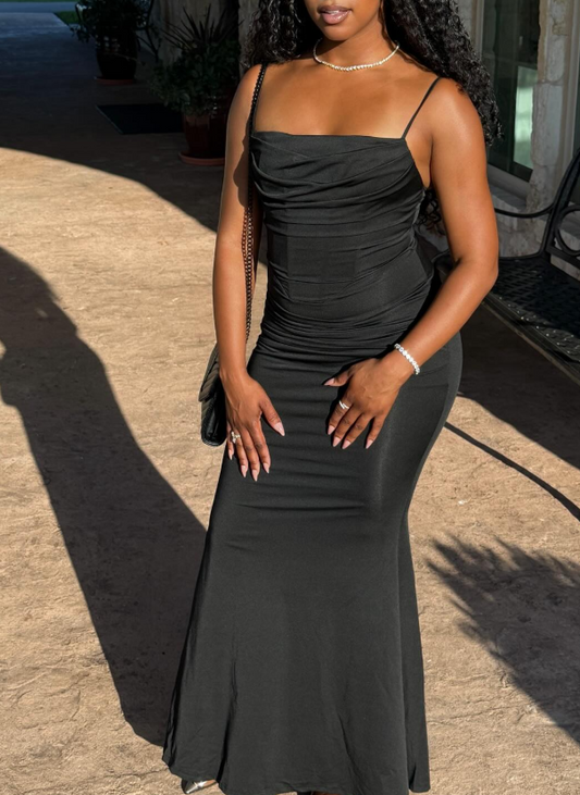 Elegant Spaghetti Strap Mermaid Long Prom Dresses Satin Black Evening Dresses ED04564