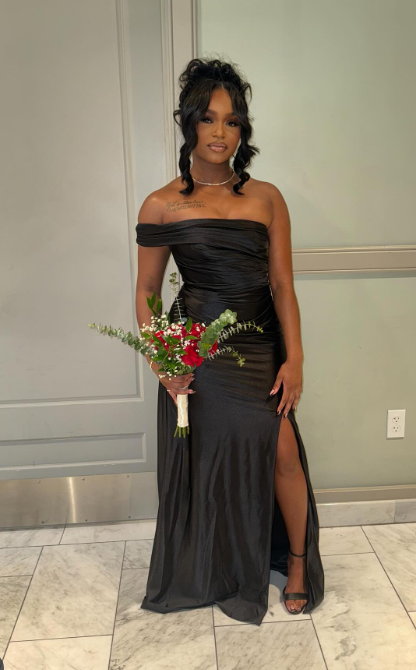 Elegant One Shoulder Sheath Long Prom Dresses Black Guest Dresses Satin Black Formal Dress with Slit ED04576