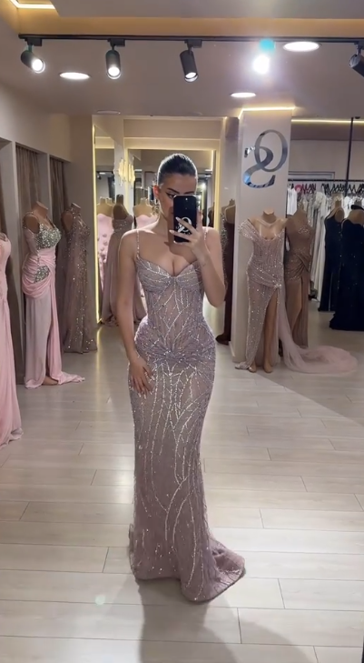 Elegant Spaghetti Strap Mermaid Long Prom Dresses Beaded Tulle Evening Dresses ED04575