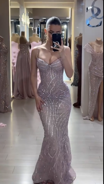 Elegant Spaghetti Strap Mermaid Long Prom Dresses Beaded Tulle Evening Dresses ED04575