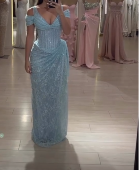 Elegant Off-the-shoulder Sheath Long Prom Dresses Lace Beaded Evening Gowns ED04576