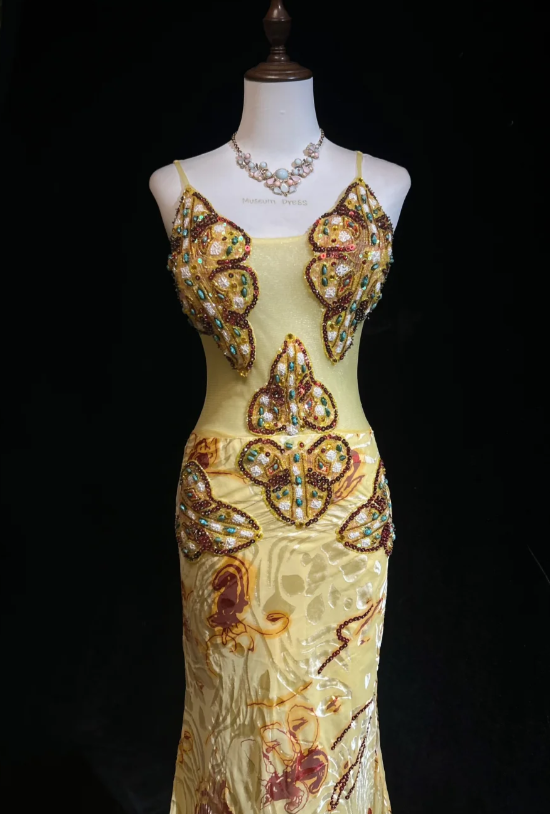 Vintage Spaghetti Strap Mermaid Long Prom Dresses Beaded Chiffon Yellow Formal Dresses ED04579