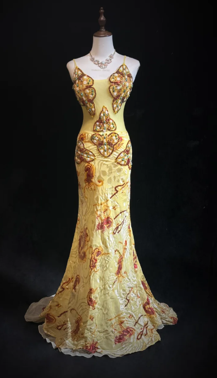 Vintage Spaghetti Strap Mermaid Long Prom Dresses Beaded Chiffon Yellow Formal Dresses ED04579