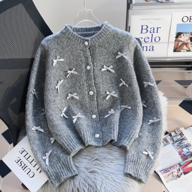 Short French Chanel Style Bow Round Neck Knitted Cardigan  ED0457