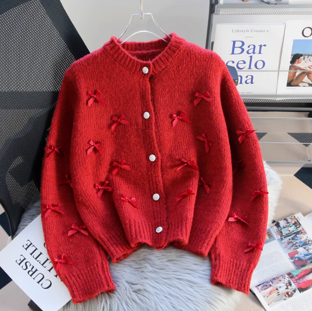 Short French Chanel Style Bow Round Neck Knitted Cardigan  ED0457