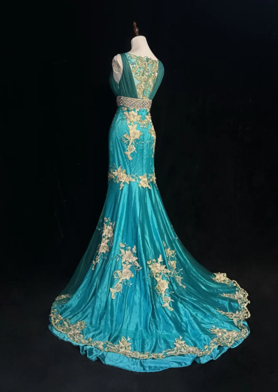 Vintage V Neck Mermaid Long Prom Dresses Satin Applique Blue Evening Dresses ED04580