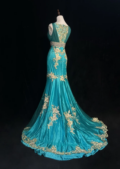 Vintage V Neck Mermaid Long Prom Dresses Satin Applique Blue Evening Dresses ED04580