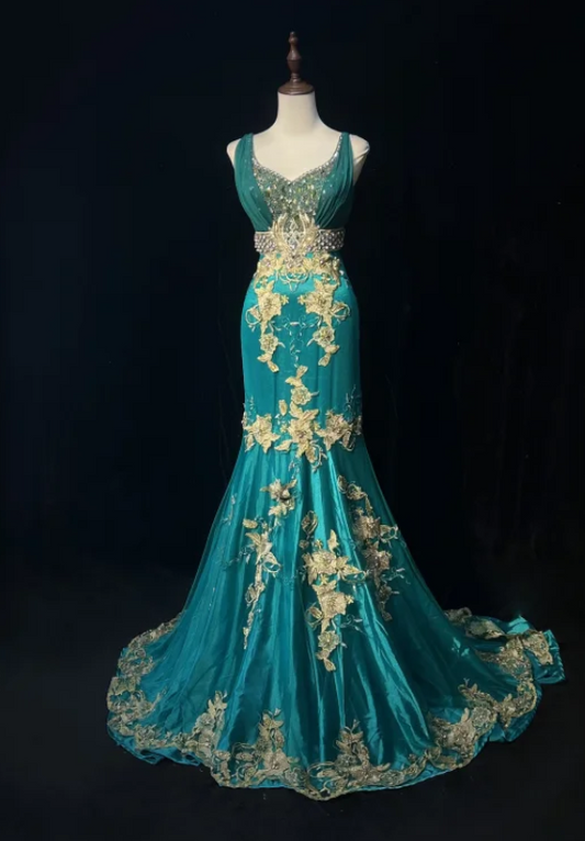 Vintage V Neck Mermaid Long Prom Dresses Satin Applique Blue Evening Dresses ED04580