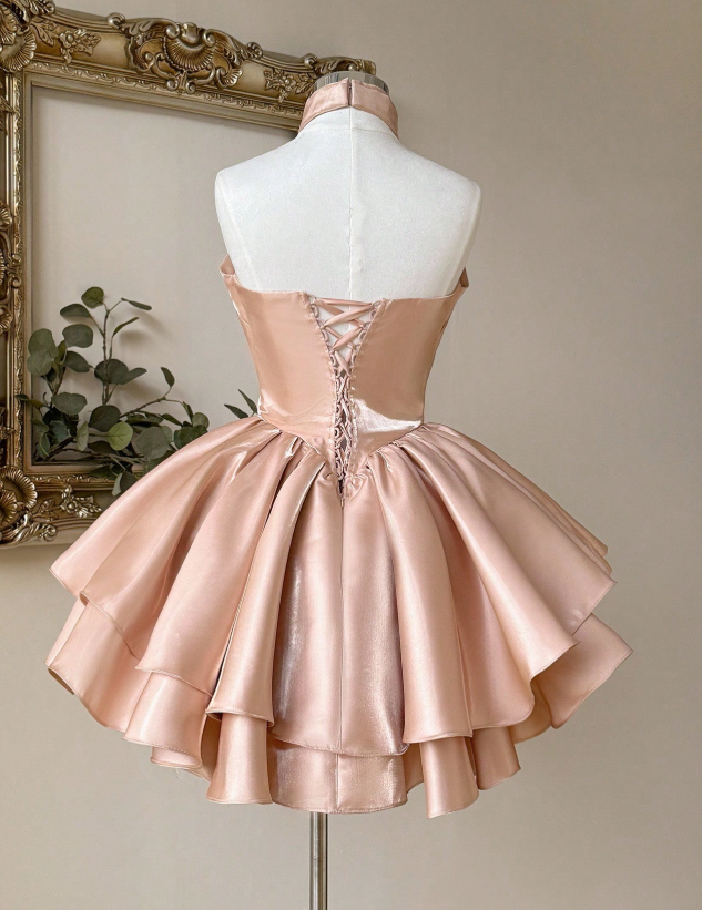 Cute Halter Ball Gown Peach Homecoming Dresses Sleeveless Birthday Dresses Satin Party Dresses ED04584