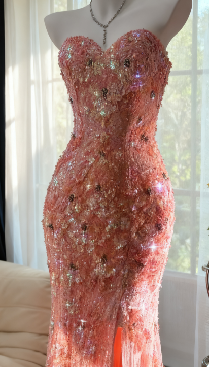 Gorgeous Mermaid Coral Formal Dresses Tulle Sequin Sweetheart Neck Long Prom Dresses Coral Evening Dresses ED04587