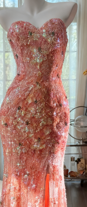 Gorgeous Mermaid Coral Formal Dresses Tulle Sequin Sweetheart Neck Long Prom Dresses Coral Evening Dresses ED04587