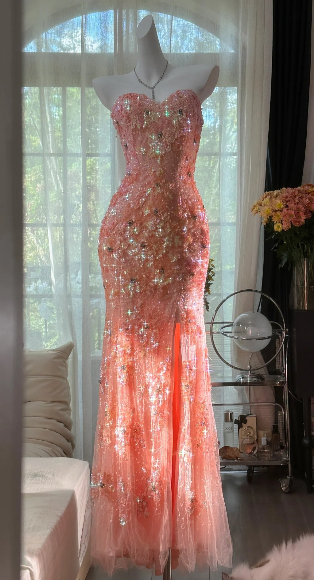 Gorgeous Mermaid Coral Formal Dresses Tulle Sequin Sweetheart Neck Long Prom Dresses Coral Evening Dresses ED04587