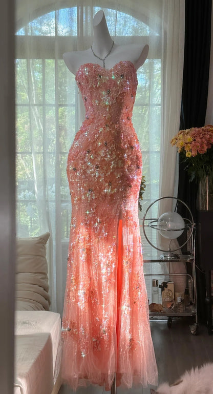 Gorgeous Mermaid Coral Formal Dresses Tulle Sequin Sweetheart Neck Long Prom Dresses Coral Evening Dresses ED04587
