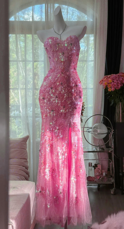 Gorgeous Mermaid Coral Formal Dresses Tulle Sequin Sweetheart Neck Long Prom Dresses Coral Evening Dresses ED04587