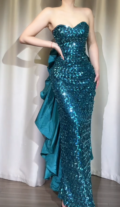 Elegant Sheath Jade Formal Dresses Strapless Long Prom Dresses Sequined Backless Evening Gowns ED04590