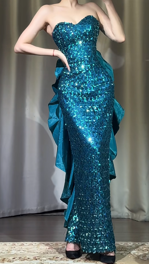 Elegant Sheath Jade Formal Dresses Strapless Long Prom Dresses Sequined Backless Evening Gowns ED04590