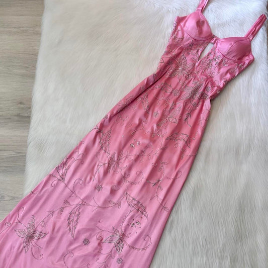 Vintage Spaghetti Strap Sheath Wedding Guest Dresses Beaded Satin Pink Long Formal Dresses ED04591
