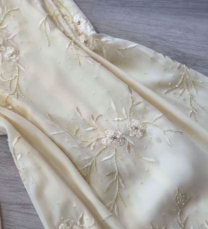 Fairy Spaghetti Strap Sheath Long Prom Dresses Chiffon Applique Pale Yellow Formal Dresses ED04593