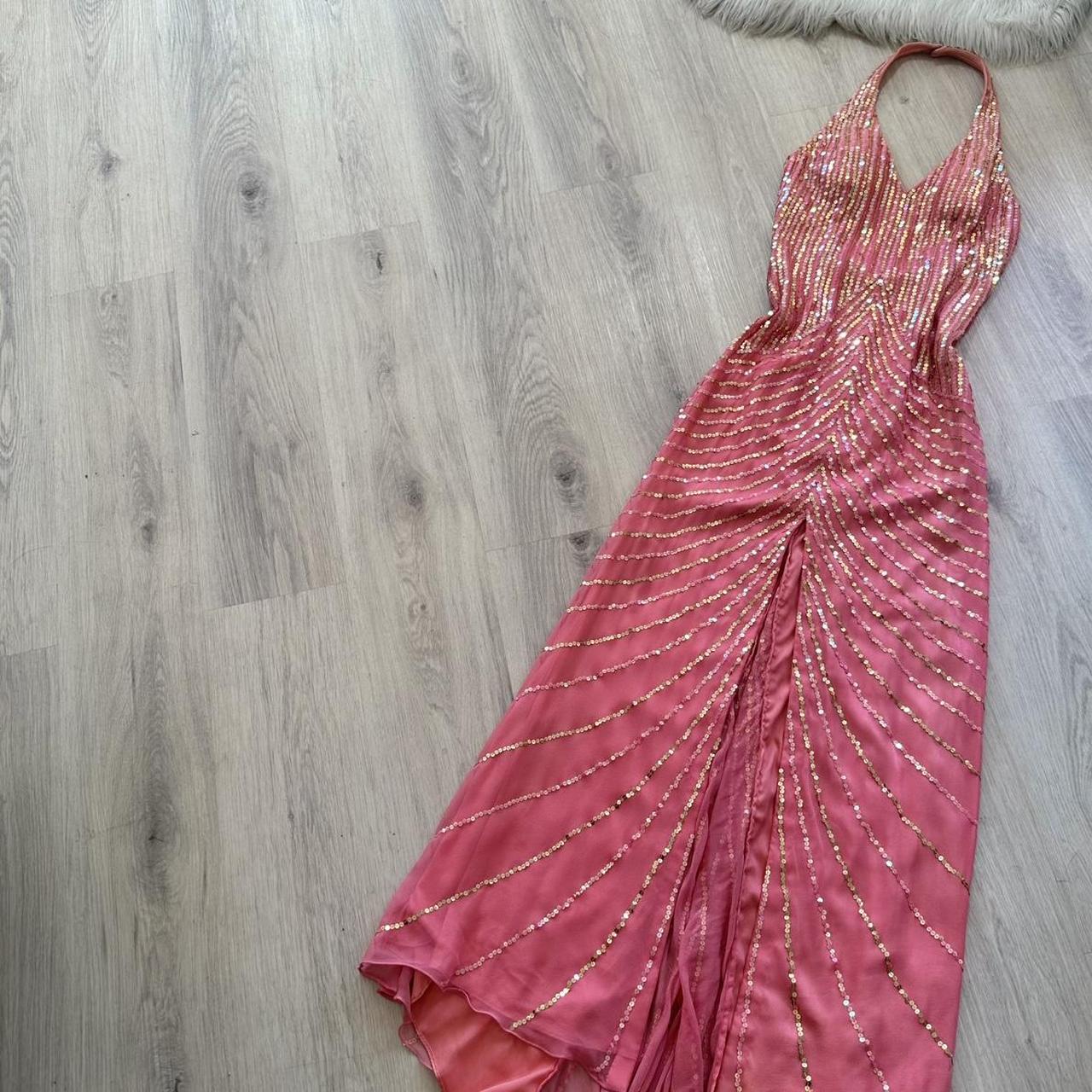 Vintage Halter Sheath Long Prom Dresses with Open Back, Chiffon Sequins Hot Pink Formal Dresses ED04594