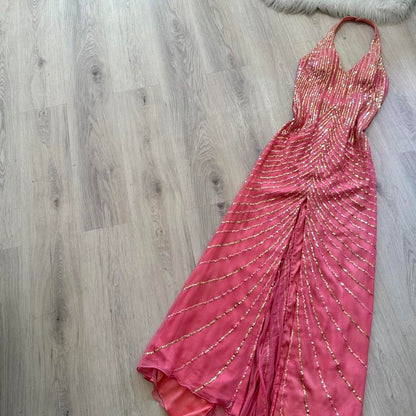Vintage Halter Sheath Long Prom Dresses with Open Back, Chiffon Sequins Hot Pink Formal Dresses ED04594