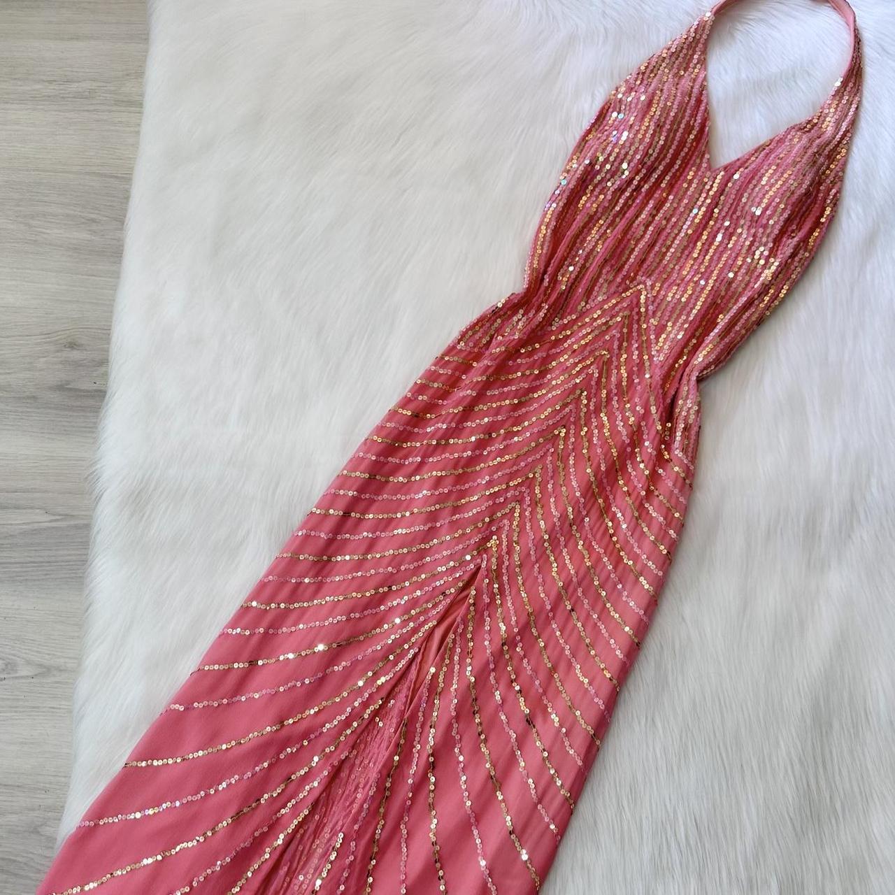 Vintage Halter Sheath Long Prom Dresses with Open Back, Chiffon Sequins Hot Pink Formal Dresses ED04594