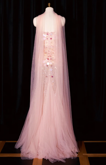 Gorgeous Strapless Mermaid Long Prom Dresses, Beaded Sequin Tulle Evening Gowns Pink Formal Dresses ED04596