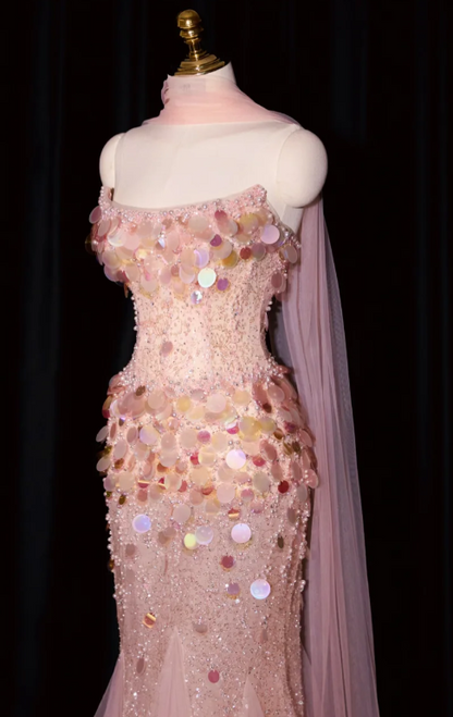 Gorgeous Strapless Mermaid Long Prom Dresses, Beaded Sequin Tulle Evening Gowns Pink Formal Dresses ED04596