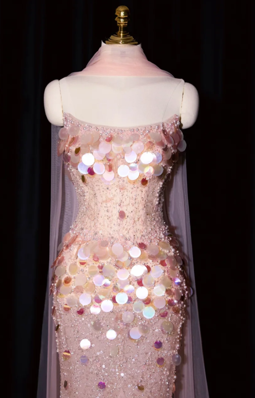 Gorgeous Strapless Mermaid Long Prom Dresses, Beaded Sequin Tulle Evening Gowns Pink Formal Dresses ED04596