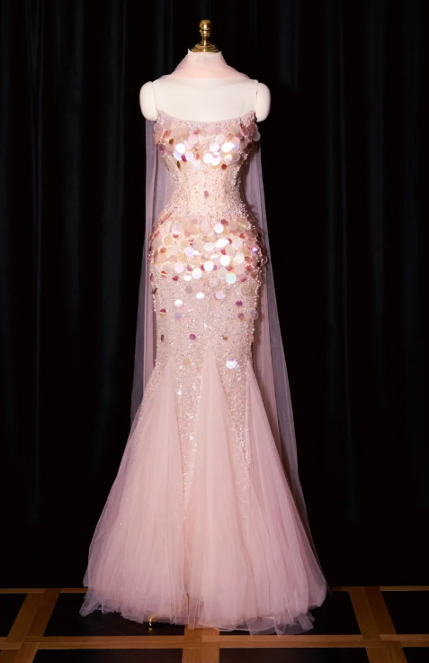Gorgeous Strapless Mermaid Long Prom Dresses, Beaded Sequin Tulle Evening Gowns Pink Formal Dresses ED04596