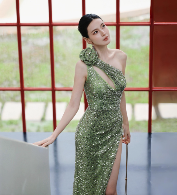Sexy One Shoulder Sheath Long Prom Dresses, Sequin Green Wedding Guest Dresses with Slit ED04597
