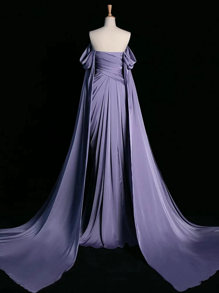 Royal Purple A-Line Off Shoulder Satin Long Prom Dress Formal Evening Dress Wedding Dress