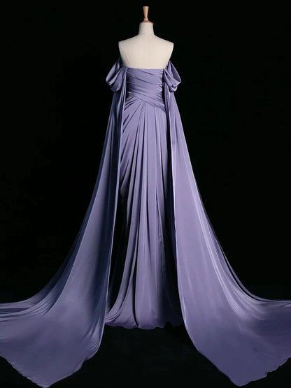 Royal Purple A-Line Off Shoulder Satin Long Prom Dress Formal Evening Dress Wedding Dress