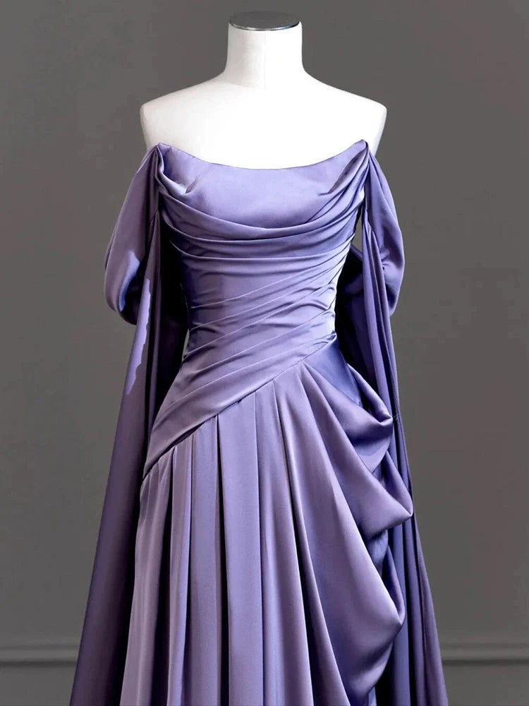 Royal Purple A-Line Off Shoulder Satin Long Prom Dress Formal Evening Dress Wedding Dress