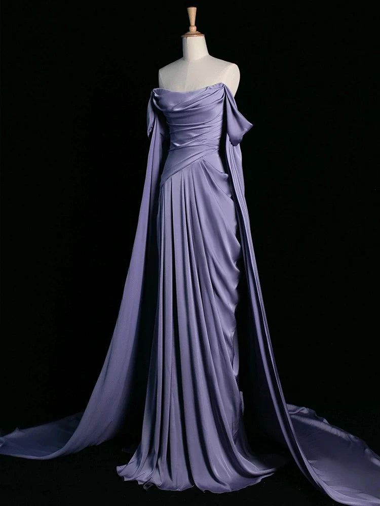 Royal Purple A-Line Off Shoulder Satin Long Prom Dress Formal Evening Dress Wedding Dress